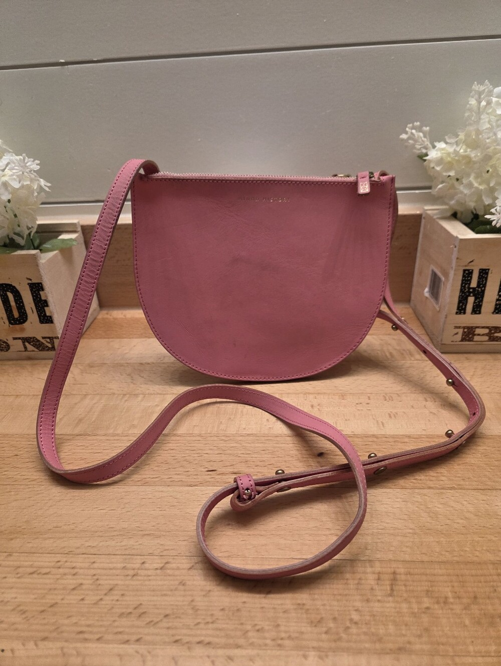 Minor History Half Moon Pink Leather Double Zip Crossbody Bag Purse
